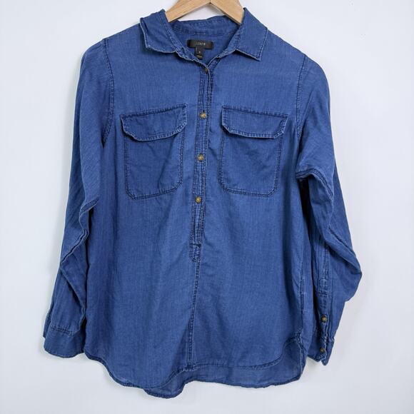 J Crew Chambray Popover Top Womens Size 6 Blue Flap Pockets Western Casual - Picture 1 of 6